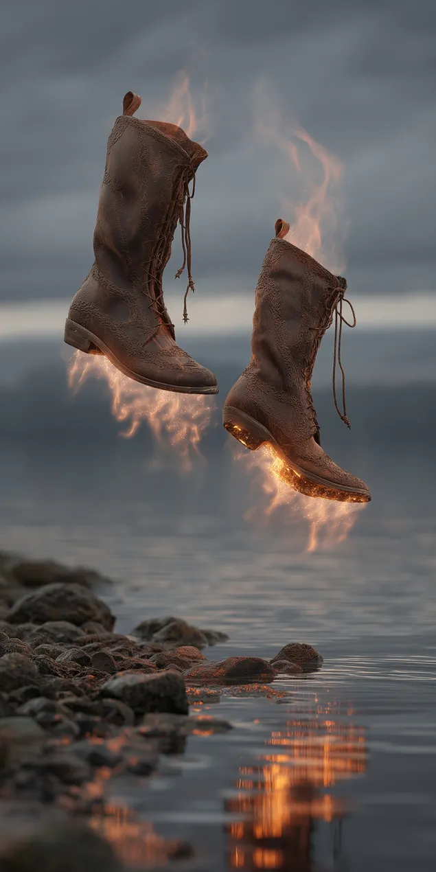 sepatu kulit terpesona melayang di atas air dengan aura berapi-api unduhan