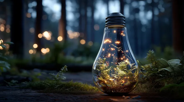 muat turun mentol lampu terpesona terletak di atas lantai hutan yang dipenuhi dengan tumbuhan kecil