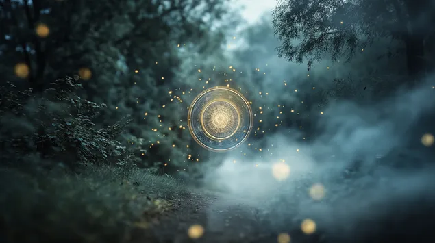 Portal i Magjepsur në një Shteg Pyjor me Mjegull 2K sfond