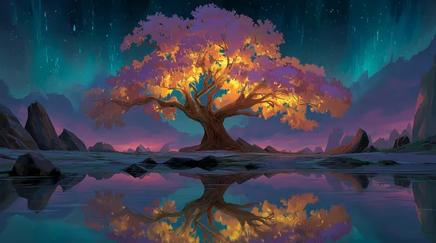 Fortryllet tre med glødende blader reflektert i vann 2K bakgrunn