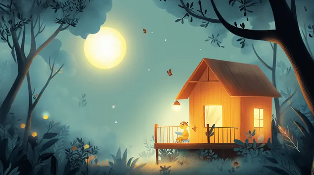 Сцена од волшебна шумска колиба под полна месечина 2K тапет