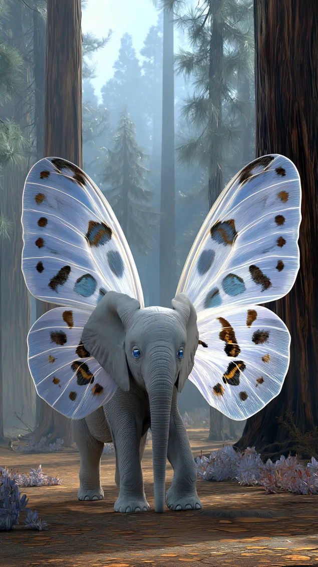 betowerende baba-olifant met blou vlindervlerke aflaai