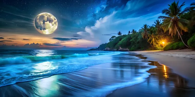 Platja bioluminiscent encantadora a la nit sota la resplendor de la lluna plena 4K fons de pantalla