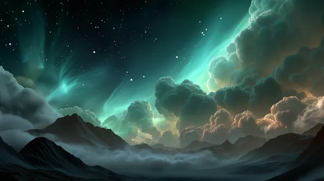 Očarljiva kozmična pokrajina z meglico in zvezdami, podobnimi aurori 2K ozadje