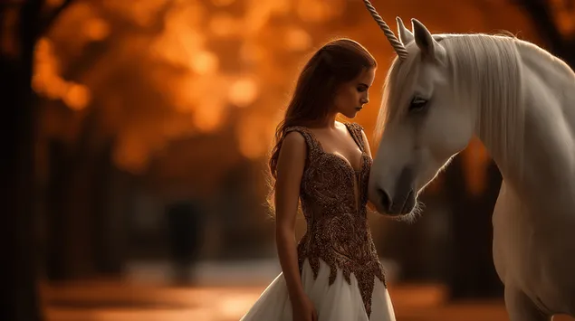 incontro incantevole: donna e unicorno in una foresta scarica