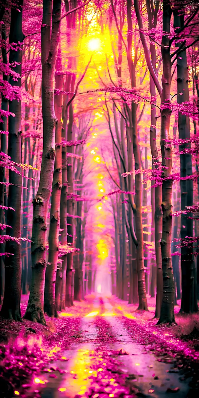 Hình nền Con đường rừng quyến rũ ngập tràn ánh nắng vàng và sắc hồng 2K