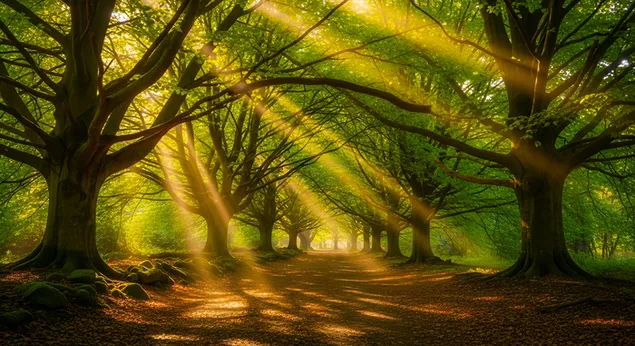 Urzekająca leśna ścieżka w promieniach słońca - Blask Natury 4K tapeta