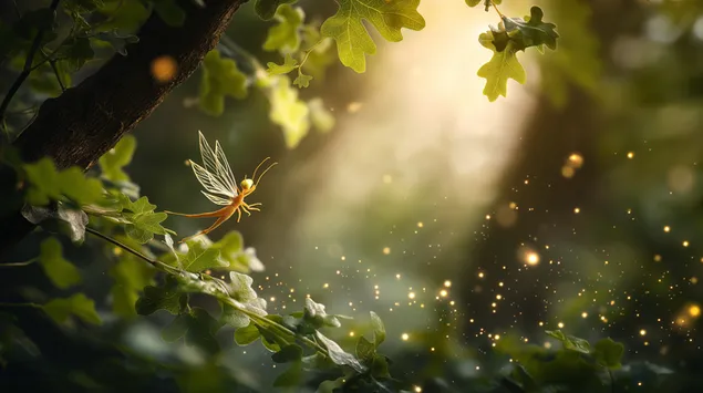 Fortryllende skogscene med ildflue og solflekkete blader 2K bakgrunn