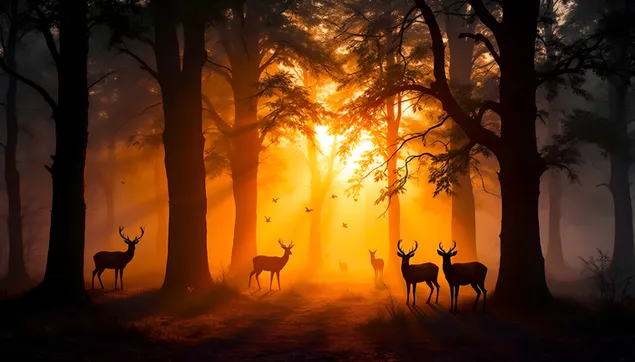 迷人的森林日落：鹿与金光 4K 壁纸
