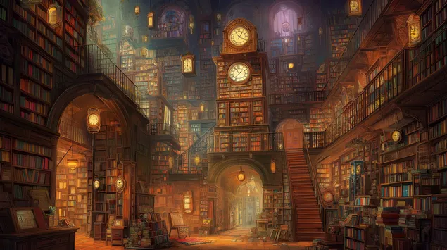 Ταπετσαρία Μαγευτική Άπειρη Βιβλιοθήκη με Πανύψηλα Ρολόγια και Σκάλες 2K