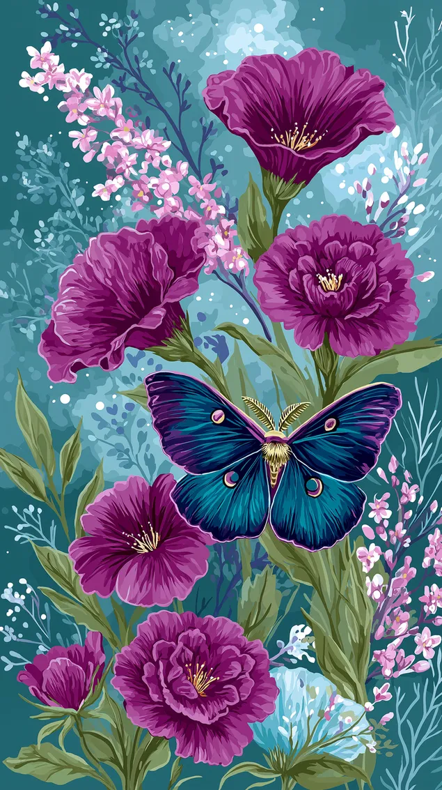 עש לונה קסום עם עיצוב חלק של פרחי בר מגוונים HD טפט