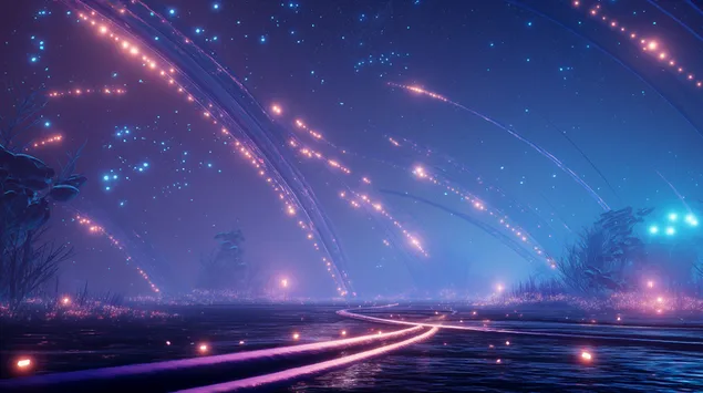 Betoverend nachtlandschap met trapsgewijze lichtsporen 2K achtergrond