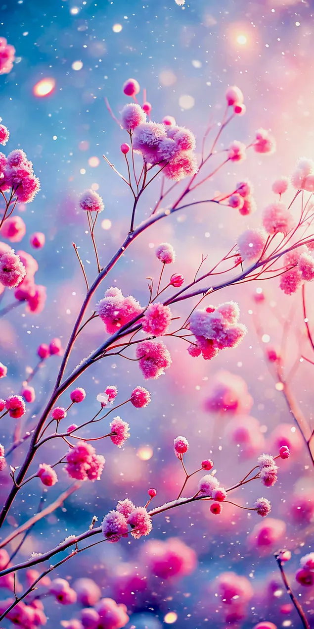 Taustakuva Lumoavia vaaleanpunaisia ​​kukkien oksia pehmeillä bokeh-valoilla, jotka lankeavat lempeästi 2K