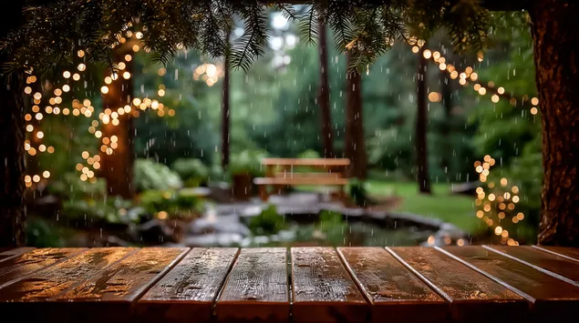 zauberhafter regenabend mit lichterketten auf holz herunterladen