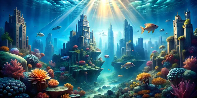 Enchanting Underwater City with Coral Reefs and Sunlit Depths 4K wallpaper