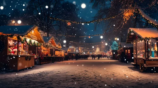 כפר חורף קסום תחת שלג יורד 4K טפט