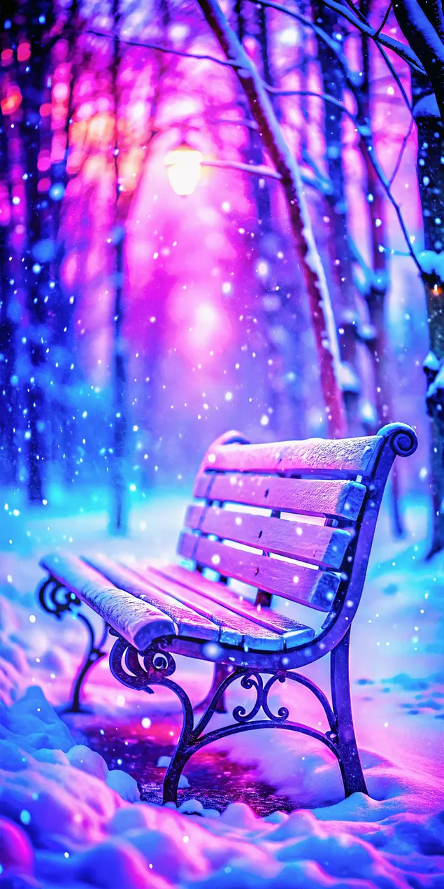 bangku negeri ajaib musim dingin yang menawan diterangi lampu ajaib unduhan