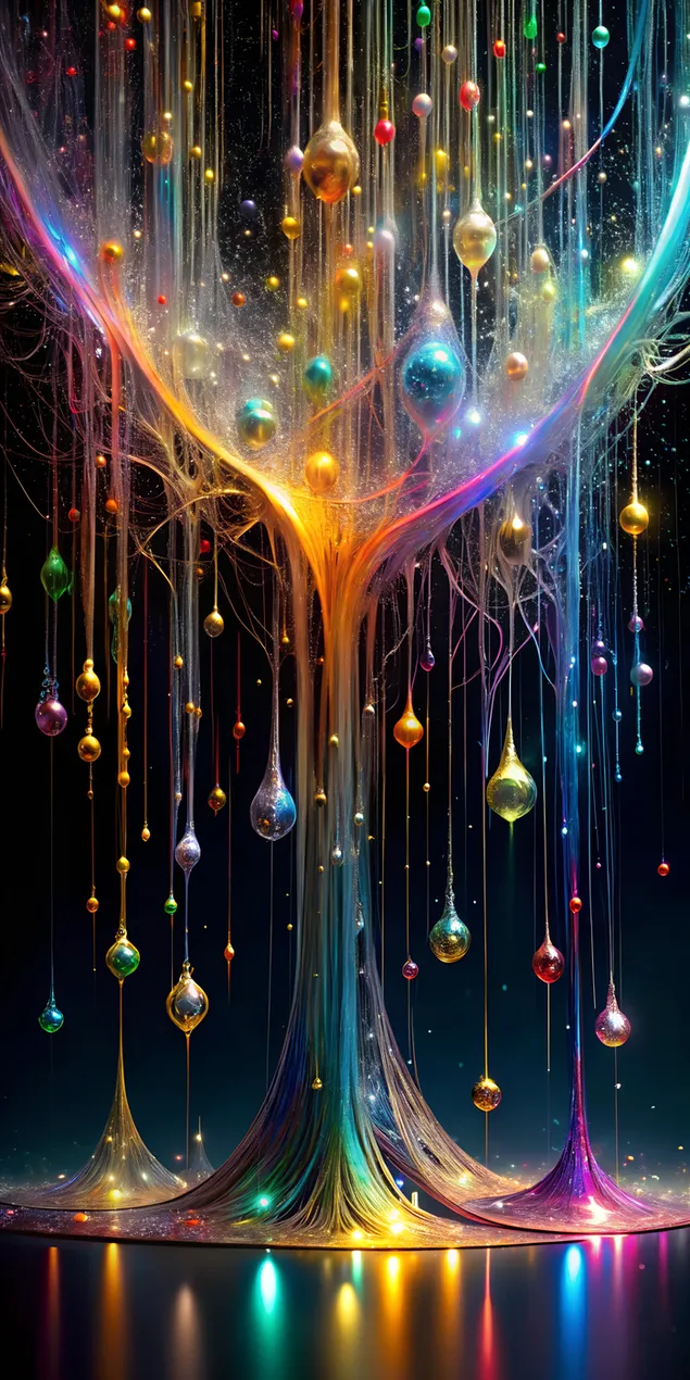 Hình nền Mạng lưới vô tận của những sợi chỉ cầu vồng kim loại lơ lửng trong không gian với các hạt vi mô phát sáng 2K