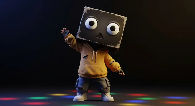 Energingas dėžutės personažas, šokantis spalvingoje scenoje ir besijaučiantis gyvas darbalaukio fonui. 4K ekrano užsklanda