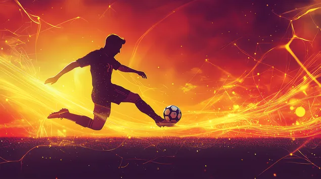 Silueta de puntada de futbol enèrgica contra un resplendor de posta de sol 8K fons de pantalla