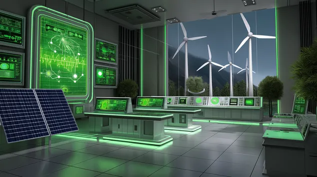 Qendra e Menaxhimit të Energjisë me Panele Diellore dhe Pamje nga Turbinat me Erë 2K sfond