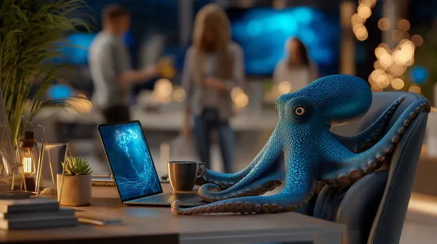 Engagerande bläckfiskkaraktär i en livlig kontorsmiljö 2K bakgrund