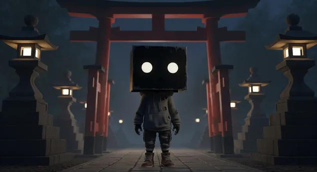 รูปกล่องหัวปริศนาที่ศาลเจ้าโทริอิยามพลบค่ำสำหรับพื้นหลังเดสก์ท็อป 4K วอลเปเปอร์