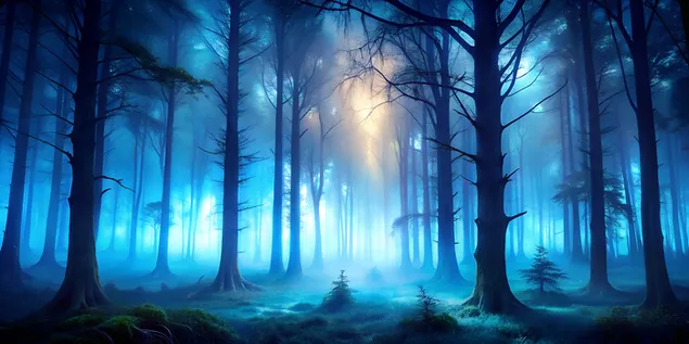 Forêt profonde énigmatique la nuit avec brume bleu néon et silhouettes d'arbres obsédantes 4K fond d'écran