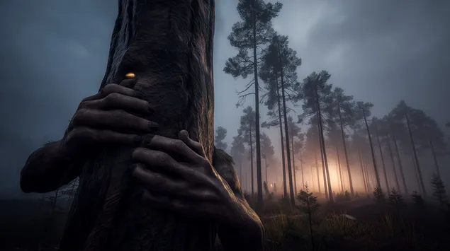 ร่างลึกลับจ้องมองอย่างเรืองแสงจับต้นไม้ในป่า 2K วอลเปเปอร์