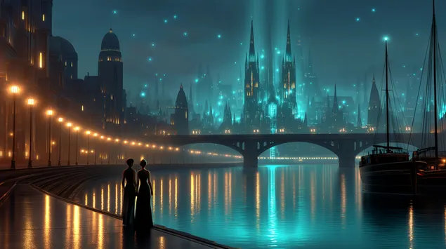 Raadselachtige figuren te midden van een stralend toekomstig stadsgezicht bij schemering 2K achtergrond