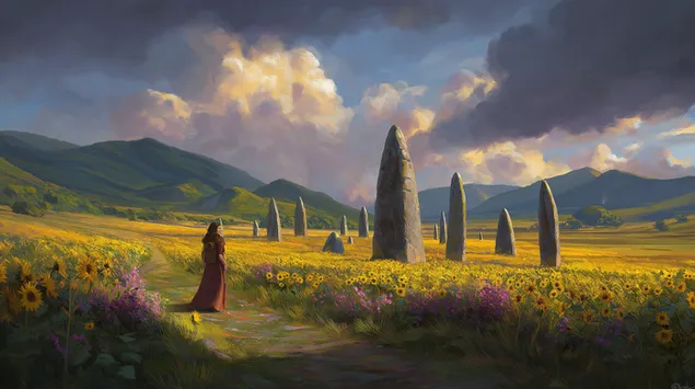 zagonetni monoliti u polju suncokreta u sumrak preuzmi