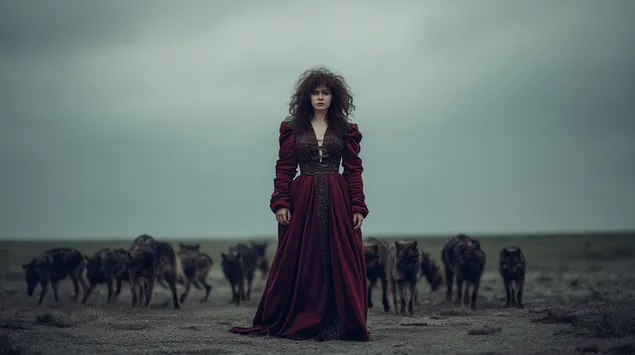 Zagonetna žena u crvenom s vučjim čoporom na pustom krajoliku 2K pozadina