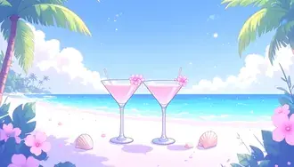 Enjoying Pink Drinks on a Tropical Beach with Palm Trees 8K wallpaper