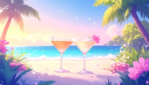 Uživanje u ljetnim koktelima na tropskoj plaži s palmama 8K pozadina