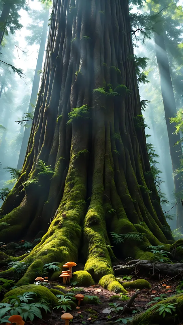 Enormous Ancient Tree in Mossy Forest 2K wallpaper