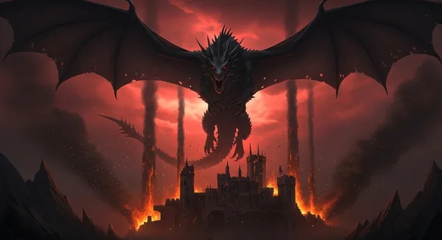 Epic Black Dragon Above Burning Castle, House Of Dragon Dekstop Background 4K wallpaper