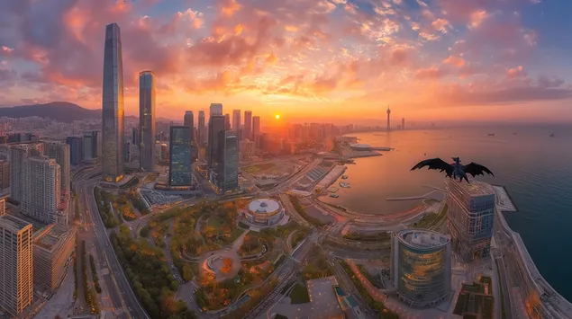 episka pilsetas ainava saulrieta ar puki, kas lido virs udens lejupieladet