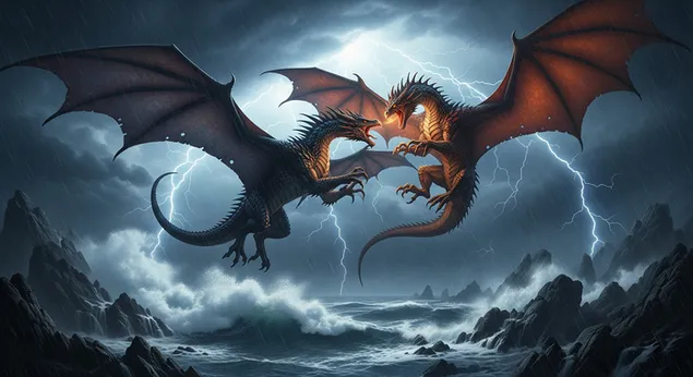 Epic House Of Dragon Battle in a Stormy Sky untuk latar belakang Desktop 4K kertas dinding