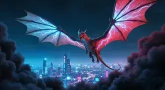 네온 도시 풍경 위로 날아오르는 장대한 번개 용, 데스크탑 배경을 위한 House Of Dragon 4K 배경화면