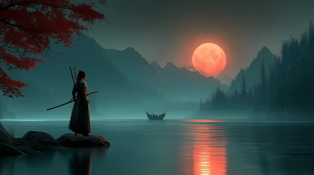 Шпалери Епічна стійка самурая: Червоний місяць над безтурботним озером та горами 2K