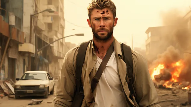 adegan epik dari film ekstraksi 2 adegan di mana aktor berdiri di dekat kota terbakar unduhan