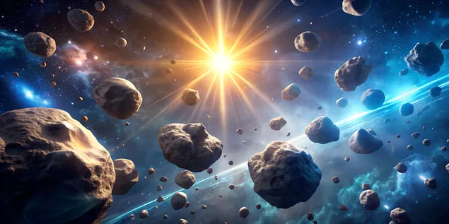 Campo de asteroides etéreos con rocas flotantes y partículas brillantes iluminadas por una estrella distante 4K fondo de pantalla