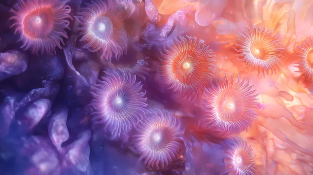 Ефирна красота на коралови полипи, осветени от фина светлина 4K тапет