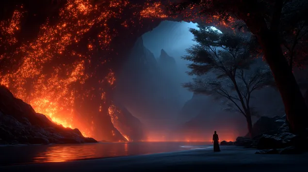 空灵的洞穴，炽热的深渊，水边的孤独身影 2K 壁纸