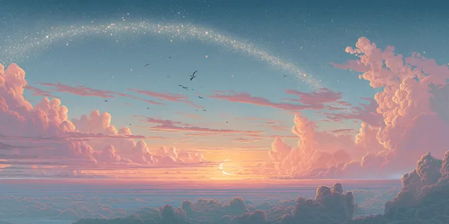 Hemelse zonsopgang aan de kust met een schitterend sterrenstofspoor 2K achtergrond