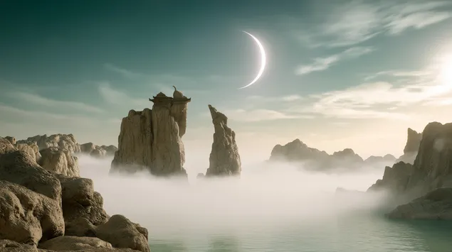 סהר אתרי מעל אגם ערפילי ותצורות סלע 2K טפט