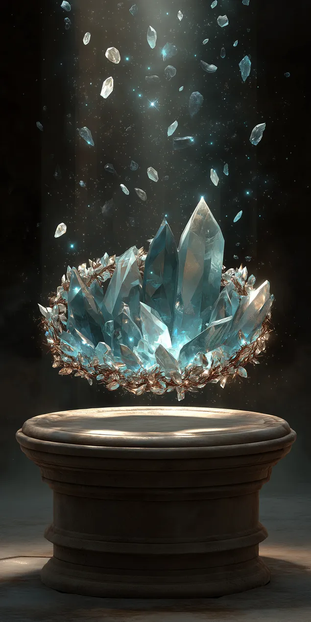 Ätheresch Kroun aus Äiskristaller op enger aler Steenplattform HD Tapeten