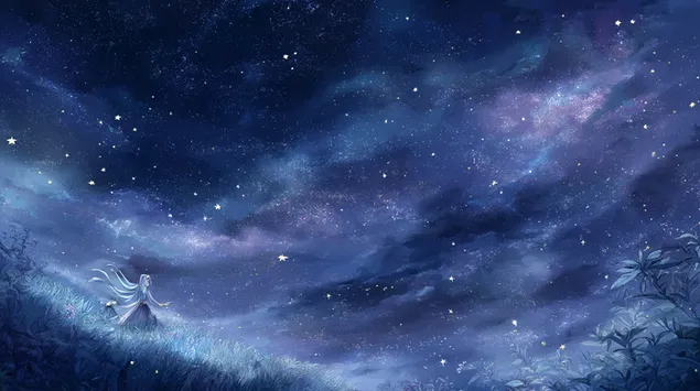 Неземная фигура на звёздном лугу под небом Млечного Пути 2K обои
