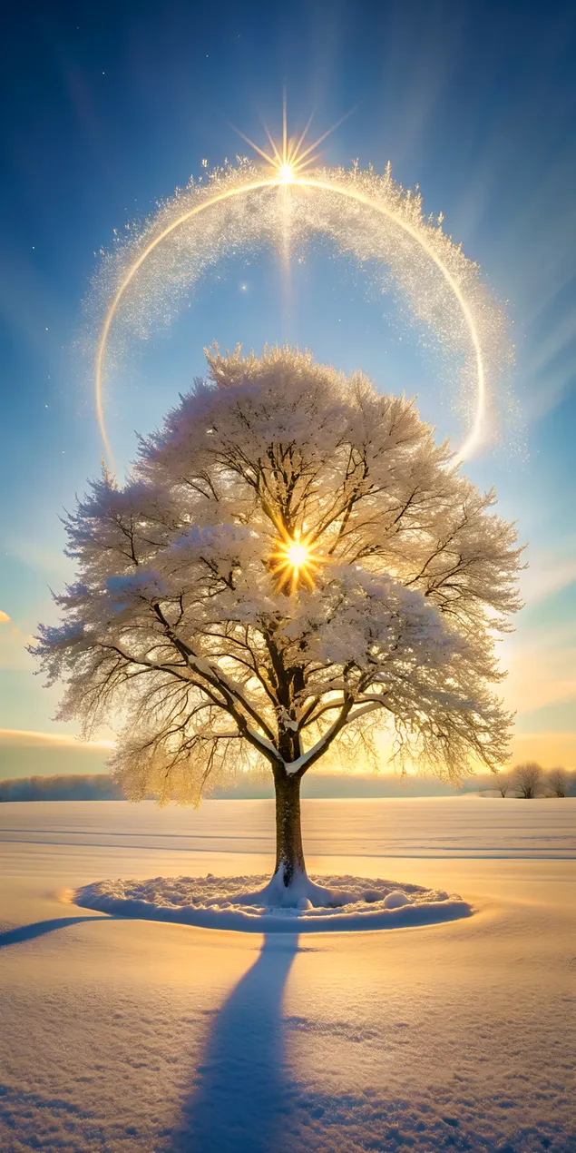 Arbre scintillant éthéré au milieu d'un paysage de lever de soleil enneigé 2K fond d'écran