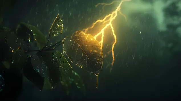 Tapeta Éterická záře kapajícího listu uprostřed bleskové bouře 4K